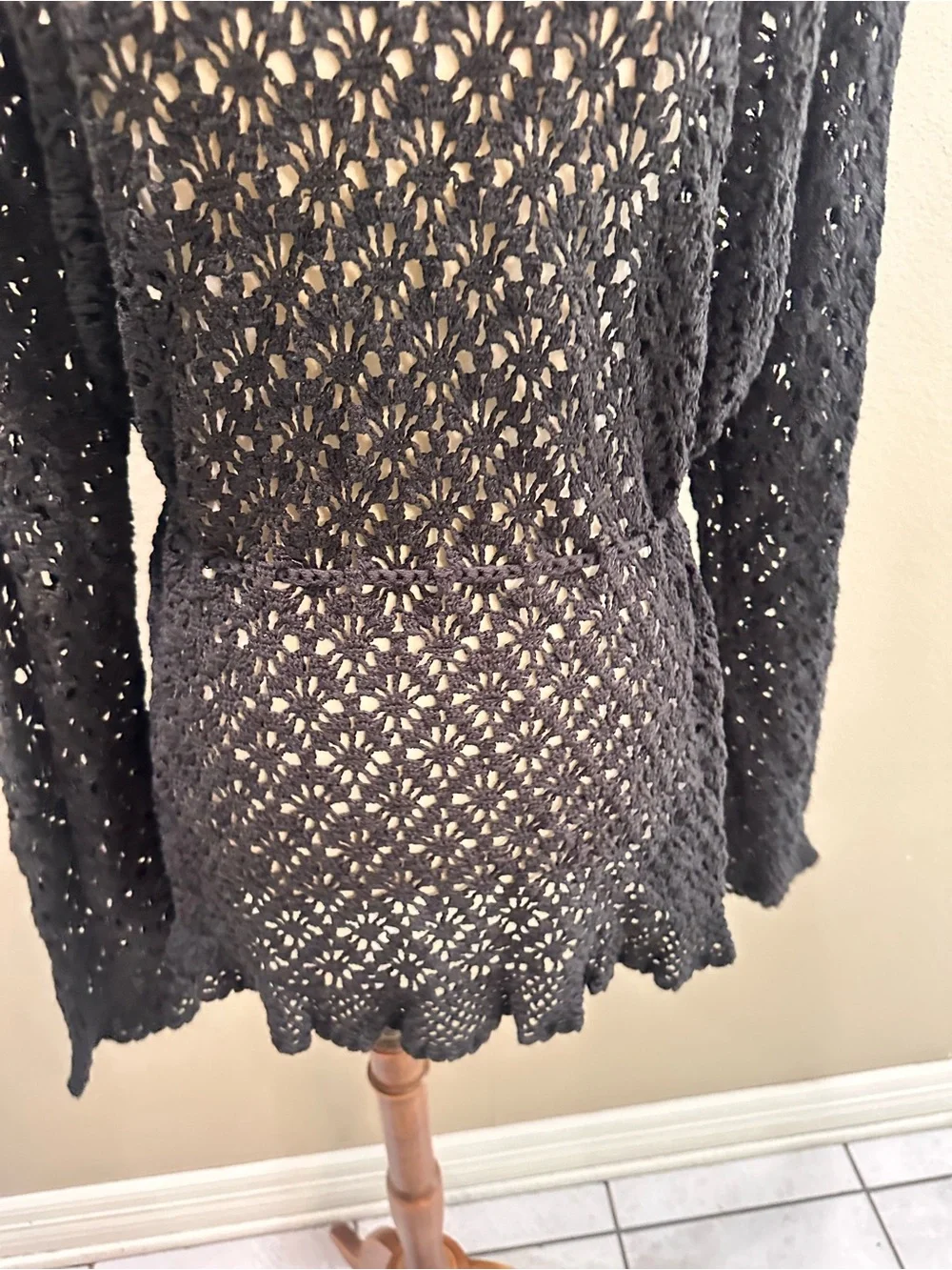 Oscar by Oscar De La Renta Black Crochet Tie-Front Sweater Cardigan L